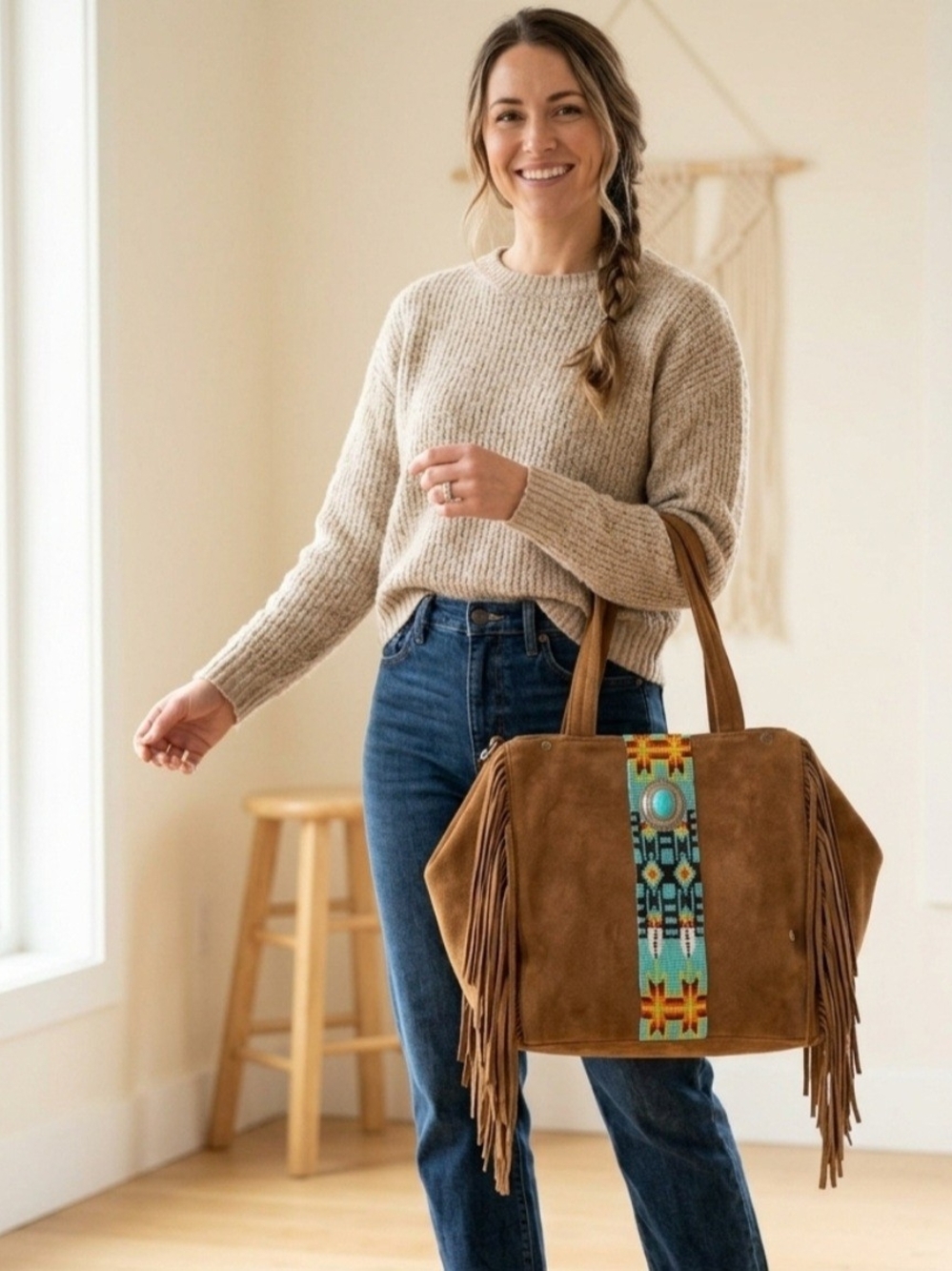 NWT Amenapih Suede Fringe Kingston Bag Western Boho Turquoise Concho Festival